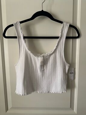 American Eagle Outfitters White Ribbed Lace-Trim Crop Tank